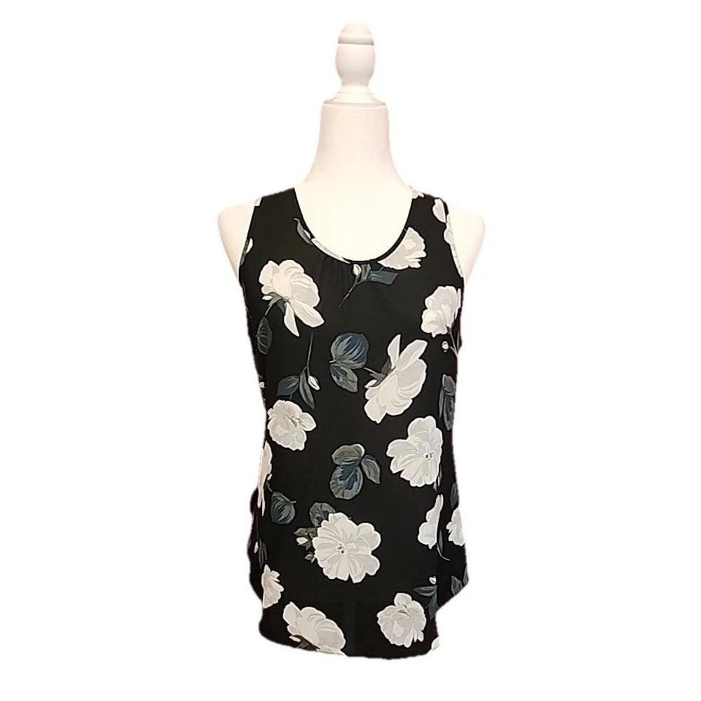 Womens Tank Top Size S Woodland Fairy Black Floral Drapey Tunic Office Layer